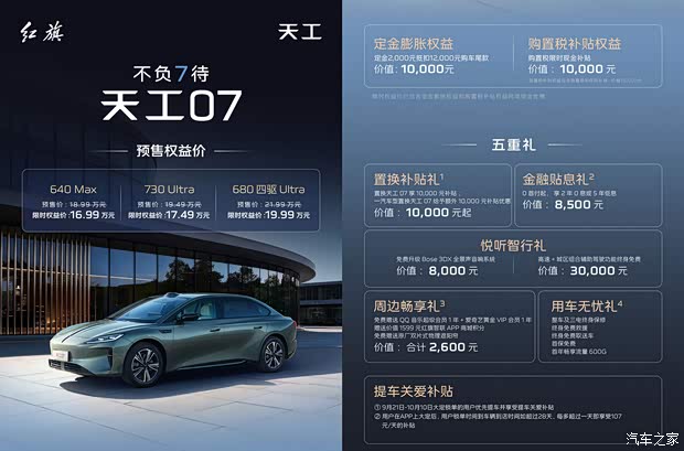 权益后预售16.99万起/最高续航730km 红旗天工07将于10月10日上市